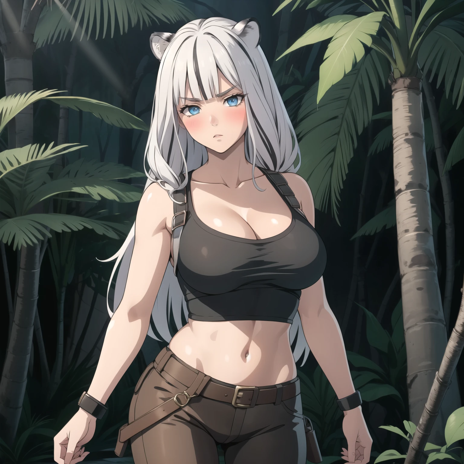 Atlas Fayon woman 40 years old, white hair with black stripes ,white tiger ears, Detailed sapphire blue eyes, blue eyes, serious expression, blush, pale skin, big breasts, lara croft costume, lara croft cosplay, explorer, background a temple in the jungle. neckline.