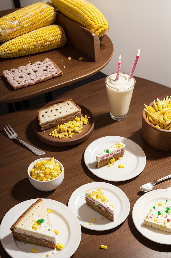 A small party plate on the table with a piece of birthday cake, snacks and an ear of corn