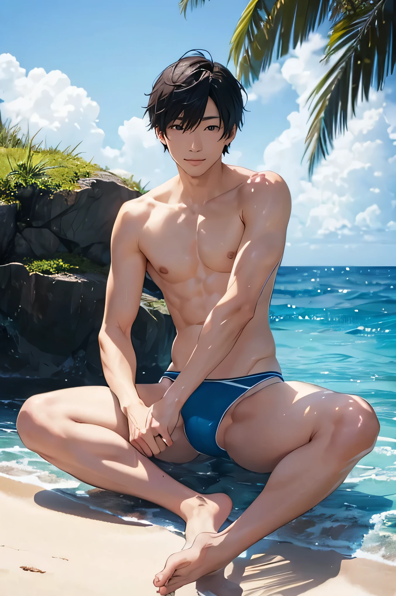 Handsome Japanese male models Short cut Slim figure barefoot smile looking at the camera soaked Ocean Bright blue tight-fitting spats-type swimwear sit Topless