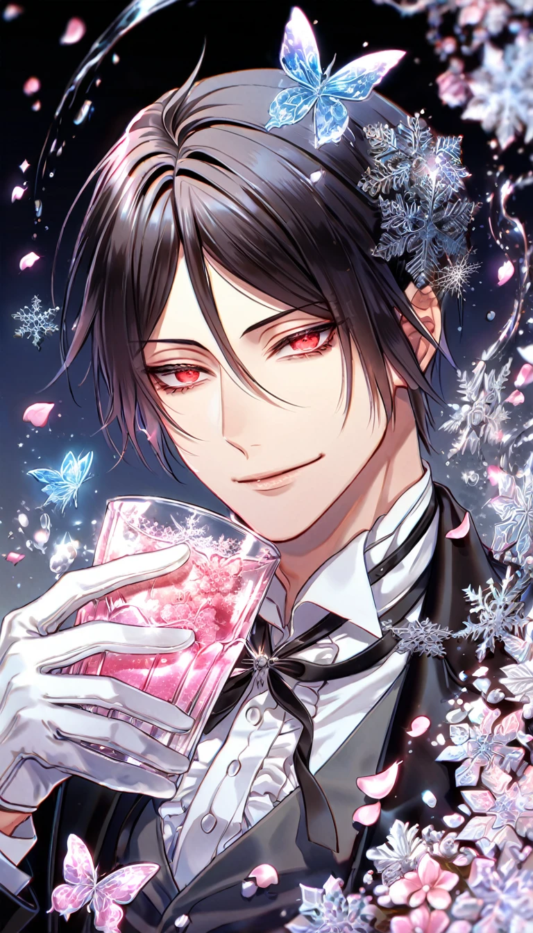 Ultra detailed, HDR, Highres, absurdres, master piece, Sebastian Michaelis, black hair, expressive red eyes, Kuroshitsuji, black jacket, gray vest, white shirt, handsome, glass, ice glittering butterflies, ice, petals, pink ice glass flowers, glittering, water, fantasy, magical, snowflakes, cold, handsome smile, white gloves, Black Butler, solo,