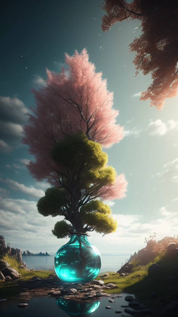 dreamlikeart tree in a bottle, fluffy, realistic, photo, canon, dreamlike, art, colorfull leaves and branches with flowers on top of its head. hyperdetailed photorealism by greg rutkowski - h 1024 w 804 | f 1 6 lens mark 2:2 s 3555 mm film grain :1 lifelike high res sharp focus contrast!! intricate detailed atmospheric light refraction lighting unreal engine 5 cinematic concept photography masterpiece octane render trending at cgsociety rendered as