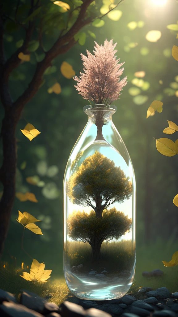 dreamlikeart tree in a bottle, fluffy, realistic, photo, canon, dreamlike, art, colorfull leaves and branches with flowers on top of its head. hyperdetailed photorealism by greg rutkowski - h 1024 w 804 | f 1 6 lens mark 2:2 s 3555 mm film grain :1 lifelike high res sharp focus contrast!! intricate detailed atmospheric light refraction lighting unreal engine 5 cinematic concept photography masterpiece octane render trending at cgsociety rendered as