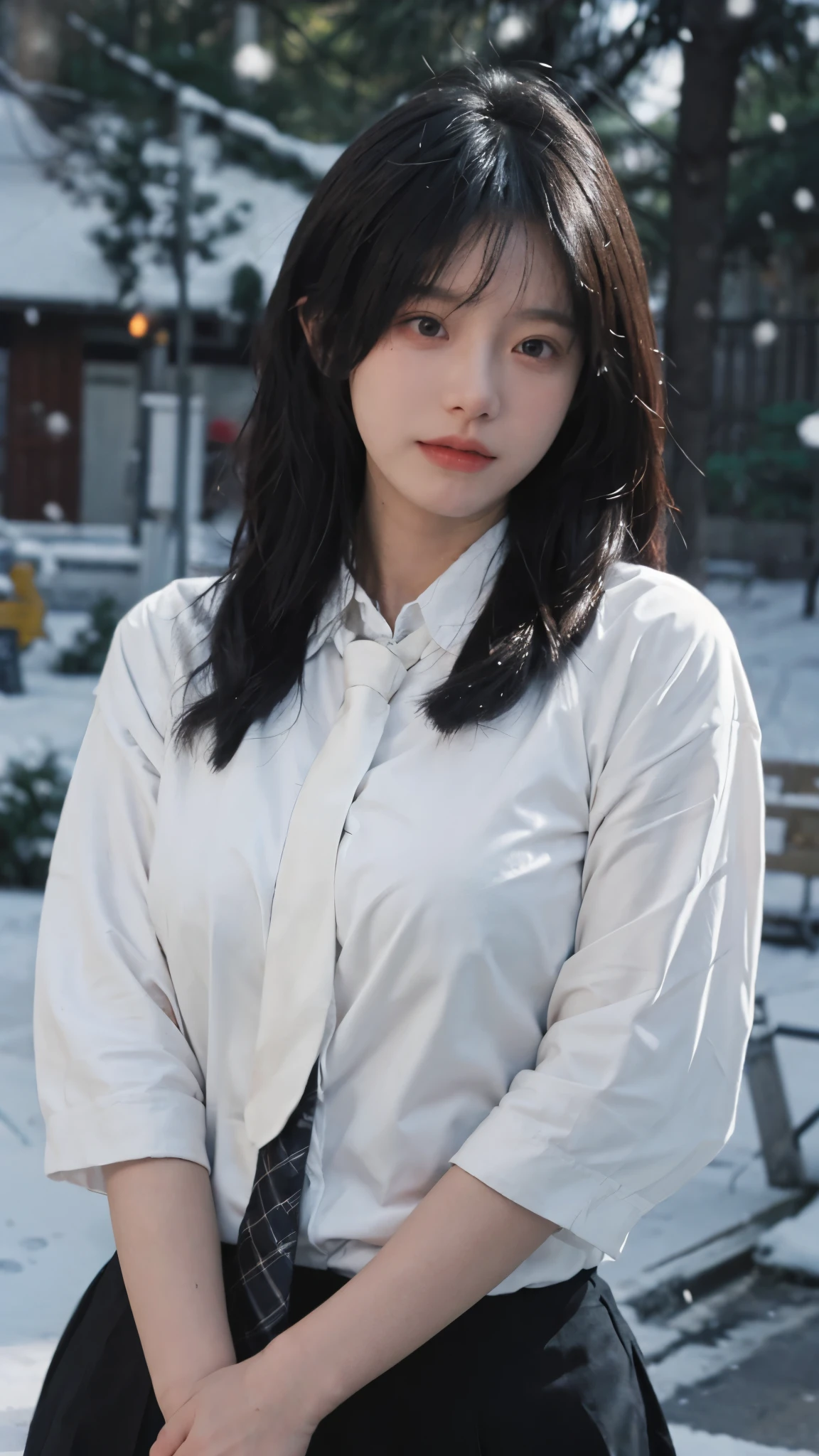 Best quality,masterpiece,Ultra-high resolution,snow,16K,Snow background,(Photo Realism:1.4),1 Girl,JK,Sexy,(Shirt and Tie:1.2),(Big breasts:1.3),(whole body:1.4)