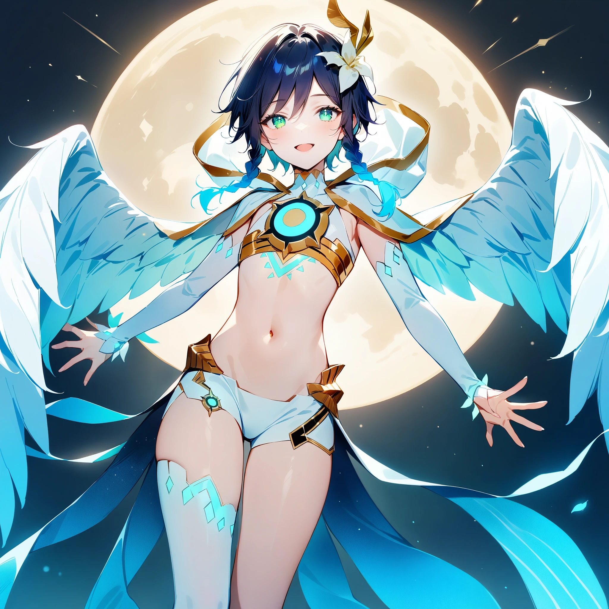 (masterpiece,best quality,4k,8k,absurdres:1.2),agahari,aoi nanase,((illustrated by carnelian)),sharp and clear, wide blue slit pupils, green eyes, perfect face, 1boy, flat chest,venti_\(archon\)_\(genshin_impact\),bare stomach,graceful,(face focus,detailed_eyes),gradient_hair,chest_tattoo,(thigh_tattoo left thigh),flirtatious,seductive,dsmile,large fluffy angel wings,otoko no ko, (white single_thighhigh right thigh),slim,slender,realistic:.25,flying,night sky,full moon,divine