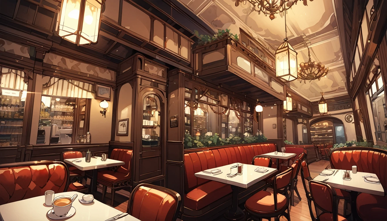 ghibli style, super large cafe, shining, bright, elaborate, ultra high definition, There&#39;s music playing in the cafe., modern interior, An 18-year-old girl with short hair studying at a cafe table, study together, An 18-year-old girl with long pink hair studying, close angle, Shop customers in the background