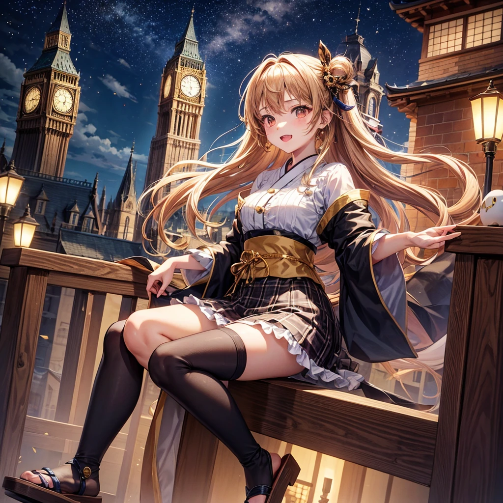 Brown and gold hair、Red gold eyes、Hair tied up、One good looking girl、solo、anime、Checkered mini skirt、Ruffles on the skirt、Checked dress、blouse、Kimono、button、geta、Black knee-high socks、Ribbon、Ribbon on waist、Teeth are visible、Starry Sky、Midnight Moon、Confetti、Brick construction、The scenery is reflected on the water、Sitting on the roof、Legendary Sword、A crow is flying、clock tower