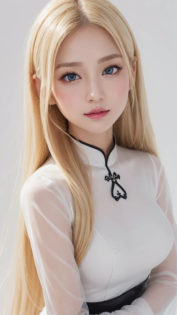 (((White background、shoot from above、China dress、Ao Dai、See-through、forehead、White Blonde、Blonde、White Background、Cowboy Shot、amount)))、amount、Northern Europe、Russia、beautiful girl、Platinum Blonde Hair、Straight Long Hair、Big Blue Eyes、Northern Europeの若者、Glowing Skin、Young and beautiful skin、A perfect and beautiful little face、Bright makeup、Pale pink lips、Bright expression、lipstick、Intricate details、High resolution、 Detailed features of face design、Big Breasts