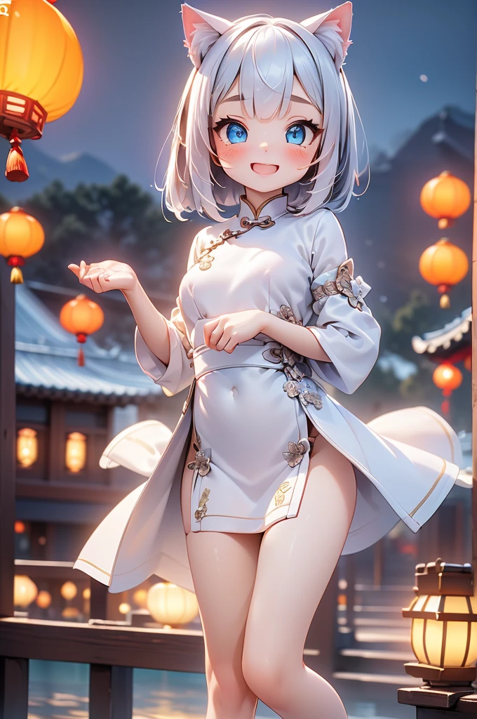 Young、、1girl、(((best quality)), ((masterpiece)), (details), masterpiece, best quality, high quality, ulutra detailed, perfect face, ((1girl, blue eyes, cat ears: 1.3 silver bob hair: 2.5,)) 、Shiny Hair、Glowing Skin、blush、Lustful look、Small breasts，Sidetiletto heels、China dress、Alluring expression，Festivals、Lanterns lined up、Chinese gorgeous outdoor background、