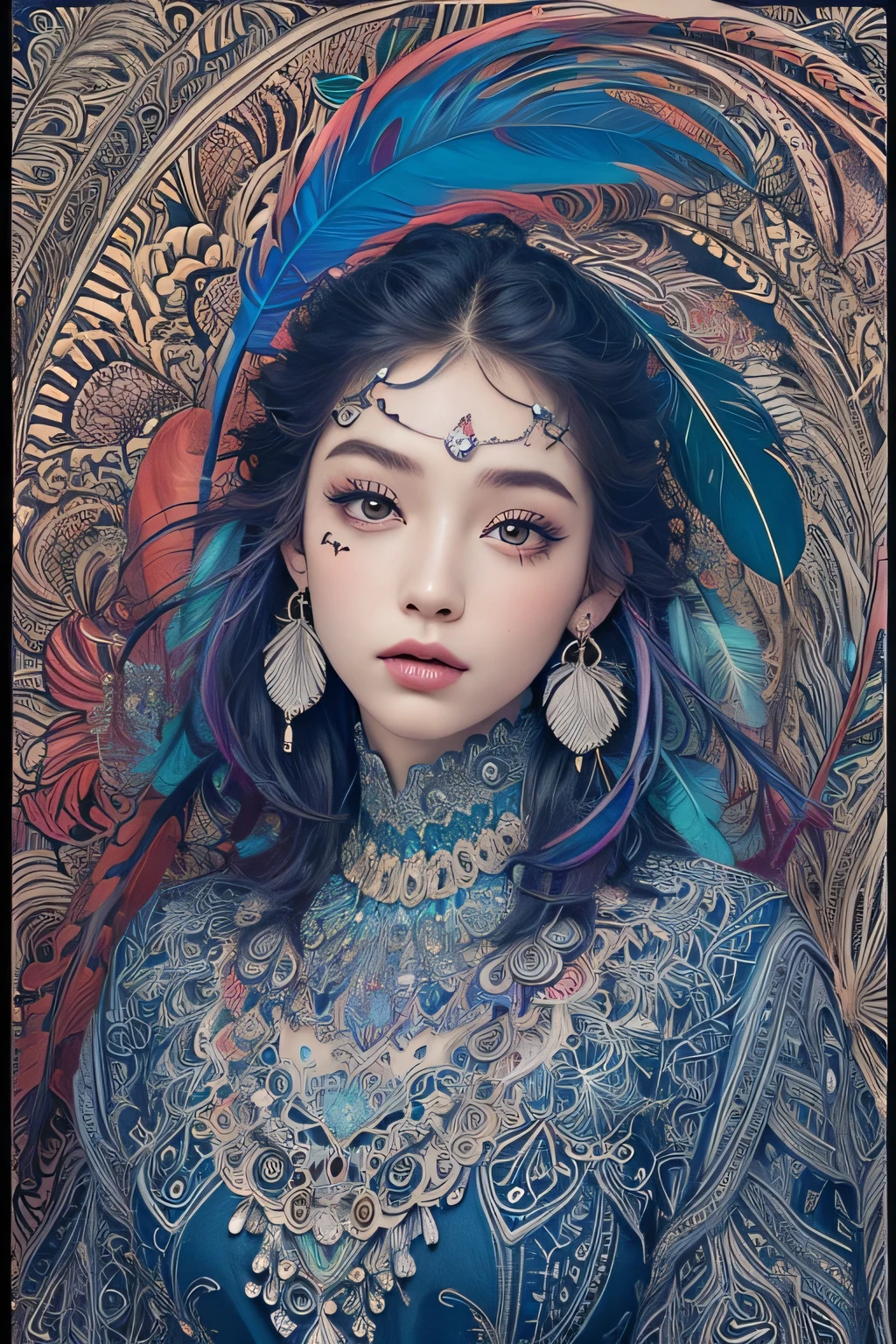 (masterpiece, highest quality, highest quality, official art, beautiful and aesthetic:1.2), (1 girl:1.3), very detailed,(fractal art:1.1),(colorful:1.1)(flowers:1.3),most detailed,(zentangle:1.2), whole body, (abstract background:1.3), (shiny skin), (lots of colors:1.4), ,(earrings), (feather:1.5),