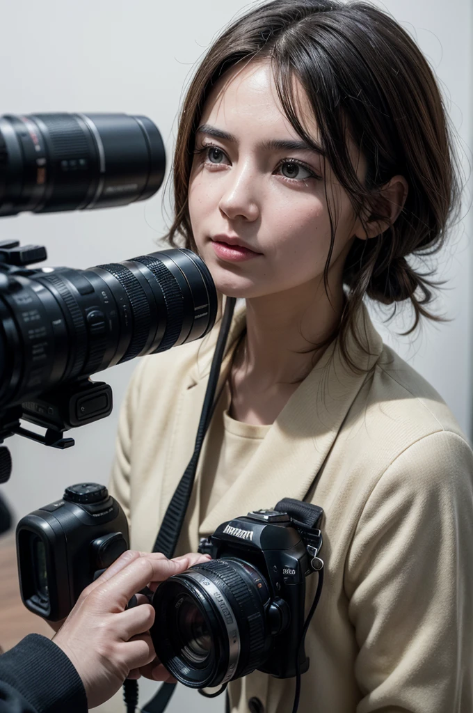 Create an ultra-realistic image that portrays the media at work. The image should show journalists and cameramen at a press conference or event, with cameras, microphones and notepads in hand. Some reporters should be interviewing an important person, while others are taking photos or recording video. The scene should be full of activity, with people talking, media equipment in use and an atmosphere of professionalism and dynamism. The expression of the media professionals should be one of concentration and dedication to their work.