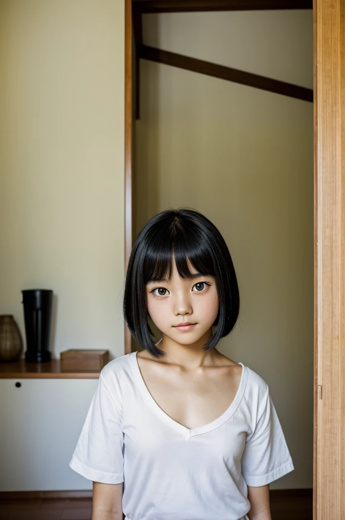 pre-adolescent girl, japanese, short black hair, green eyes, posing for a close up photo in her house with white walls