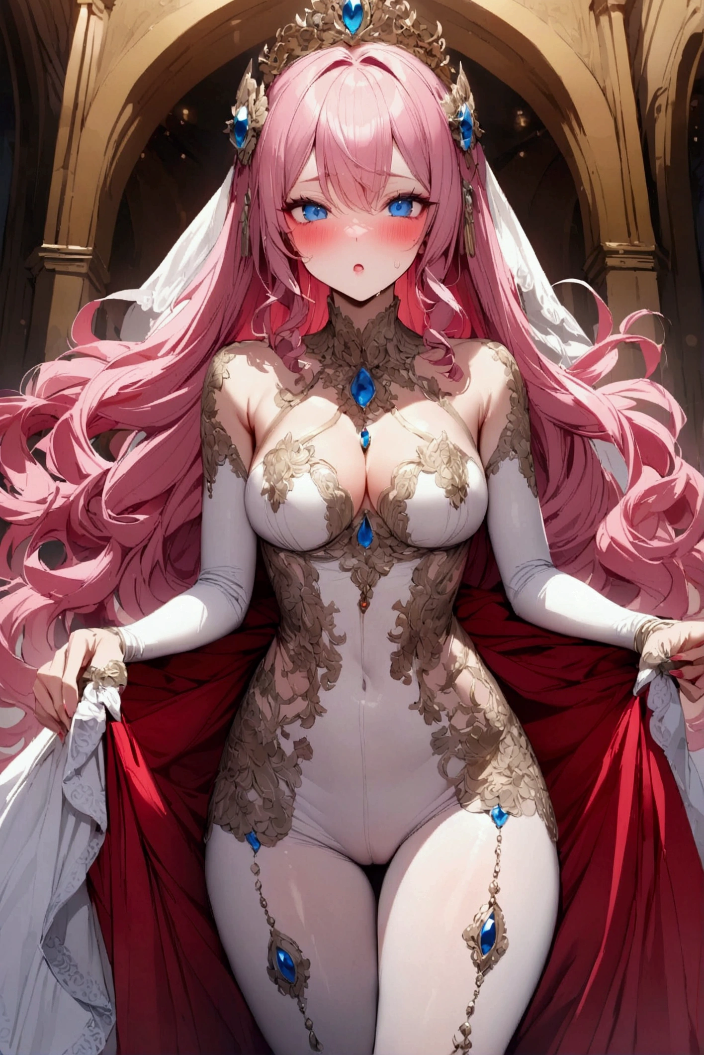 Red face after seeing a man's crotch、Pink Hair、blue eyes