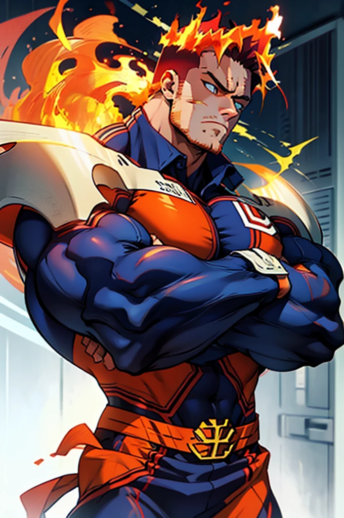 (masterpiece, best quality:1.2) solo, male focus, 1boy, endeavor, muscular male, large pectorals, expressionless, closed mouth, looking at viewer, crossed arms, superhero, blue bodysuit, fingerless gloves, fire