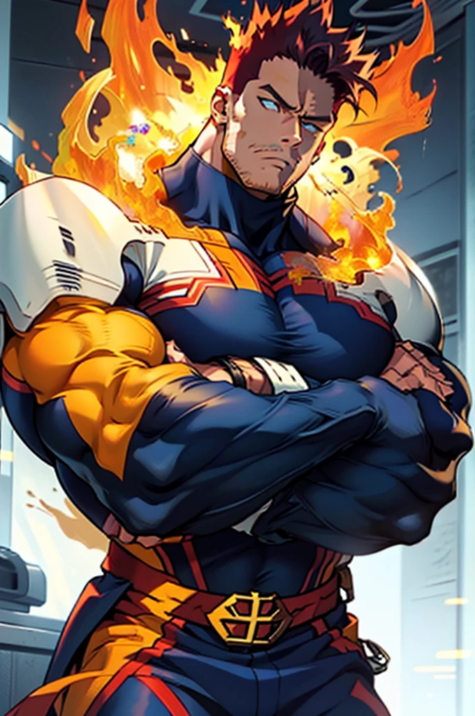 (masterpiece, best quality:1.2) solo, male focus, 1boy, endeavor, muscular male, large pectorals, expressionless, closed mouth, looking at viewer, crossed arms, superhero, blue bodysuit, fingerless gloves, fire