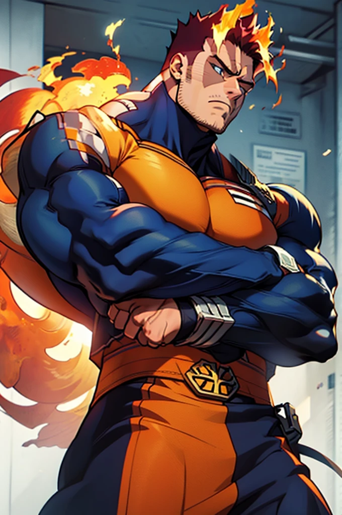 (masterpiece, best quality:1.2) solo, male focus, 1boy, endeavor, muscular male, large pectorals, expressionless, closed mouth, looking at viewer, crossed arms, superhero, blue bodysuit, fingerless gloves, fire