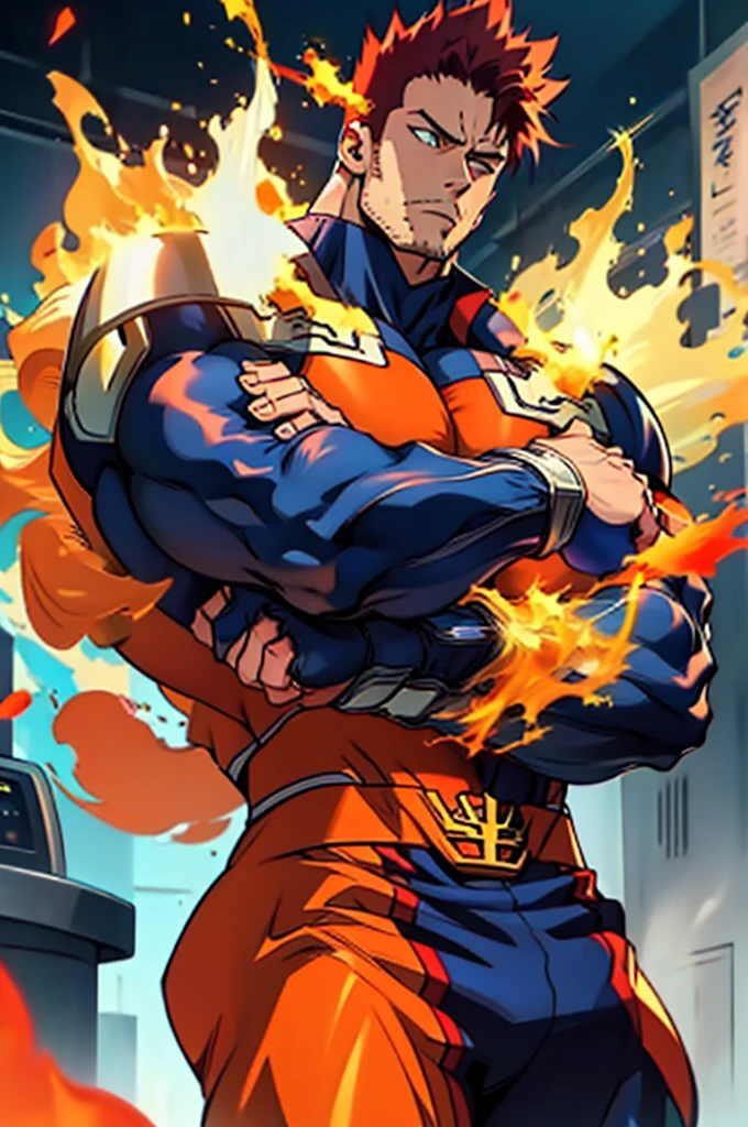 (masterpiece, best quality:1.2) solo, male focus, 1boy, endeavor, muscular male, large pectorals, expressionless, closed mouth, looking at viewer, crossed arms, superhero, blue bodysuit, fingerless gloves, fire