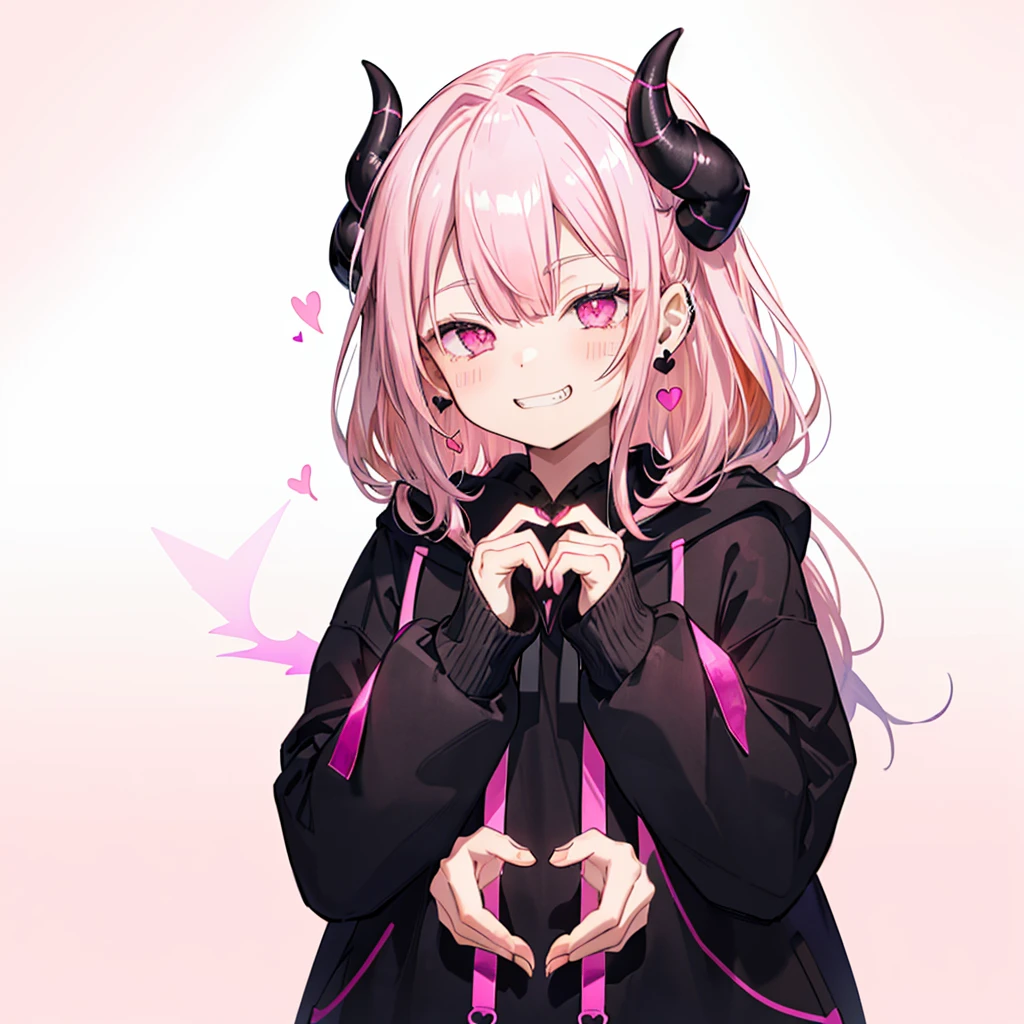 ((((Jagged　Open your mouth　Grin　Pink Background　shining heart))))　(((Black hoodie　Wearing a hood　Demon Horns　Heart Iris　Close-up　Pink Hair　Long Hair　Making a heart with both hands)))　((Shiny earrings　Small black ribbon))　Shining Edge　Shining Background