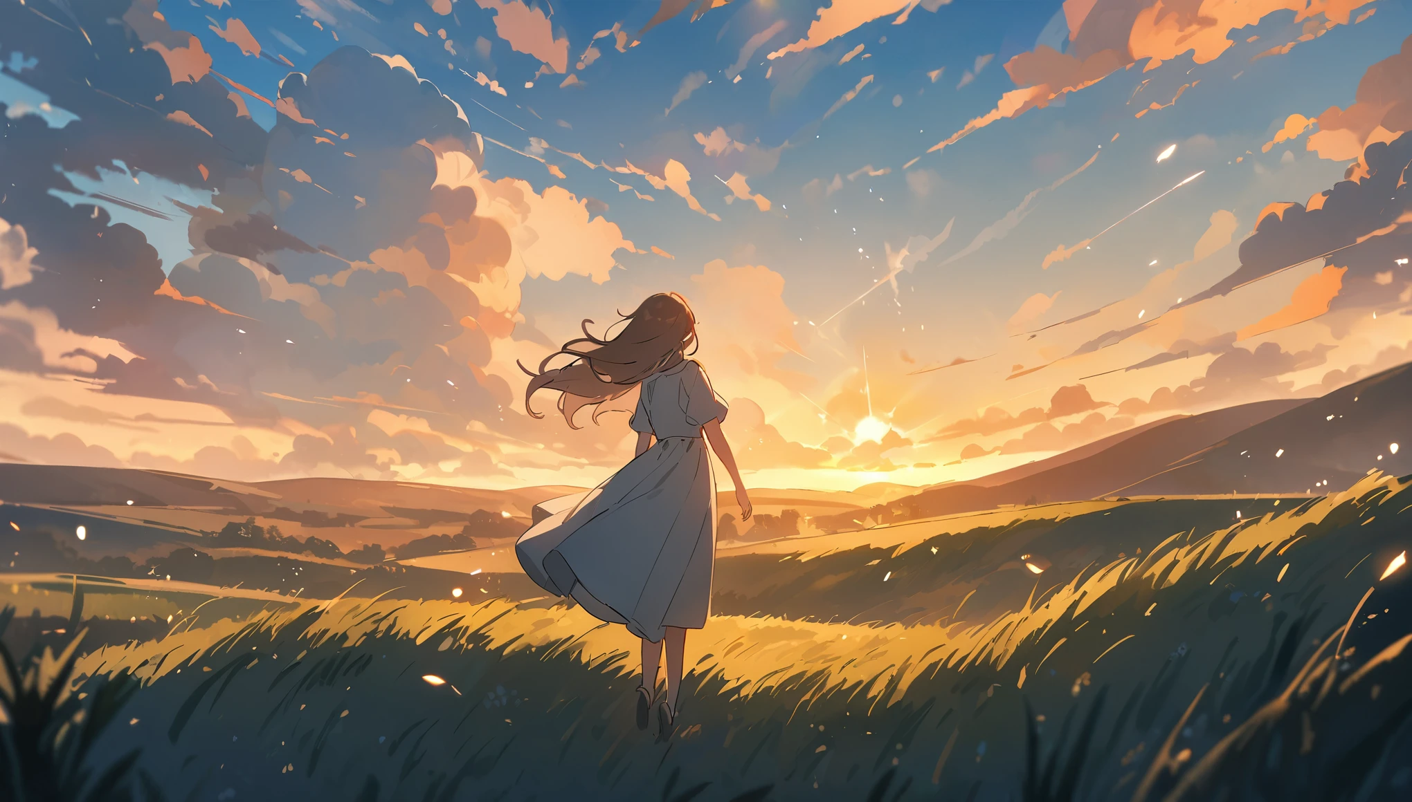 masterpiece, Highest quality, Movie stills, 1 Girl, Cloud Girl,Two Girls , Floating in the sky, close, bright, Happy, Warm and soft lighting, blue sky, (spark:0.7), Vast grassland