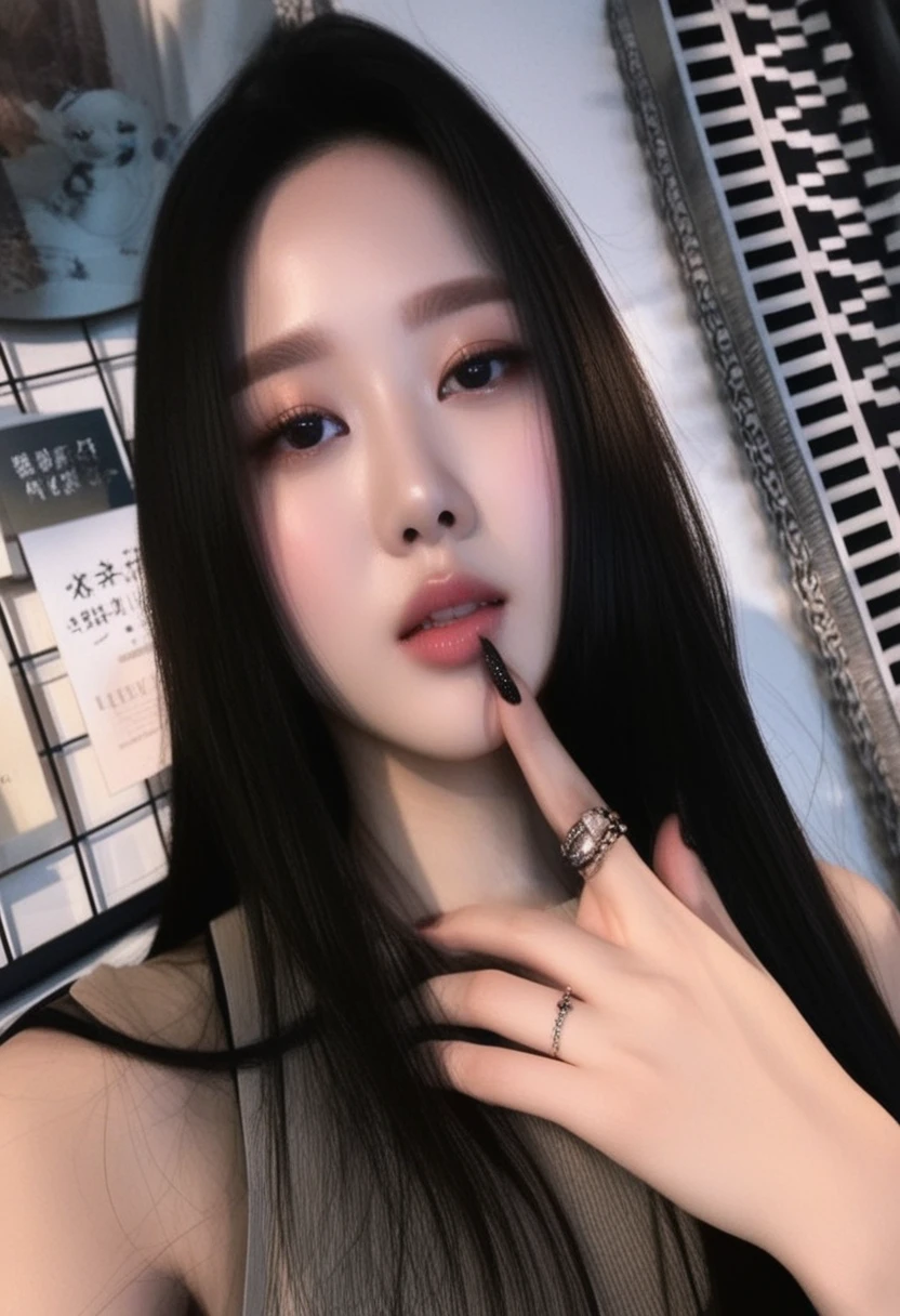 a close up of a woman with long hair and a ring on her finger, popular south korean makeup, cruel korean goth girl, popular korean makeup, ulzzang, korean girl, wan adorable korean face, beautiful south korean woman, korean face features, kanliu666, beautiful aesthetic face, gorgeous young korean woman, sexy face with full makeup