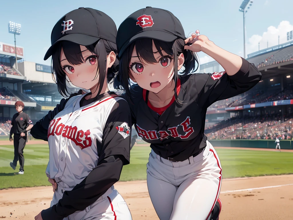 ( Absurd , high quality , Super detailed, Watch your hands )Black short hair,Red eyes,Small breasts,Small breasts,Baseball uniform,Black baseball cap,Long sleeve,White trousers,One Girl,Baseball Ground,Serious face,Run at full speed