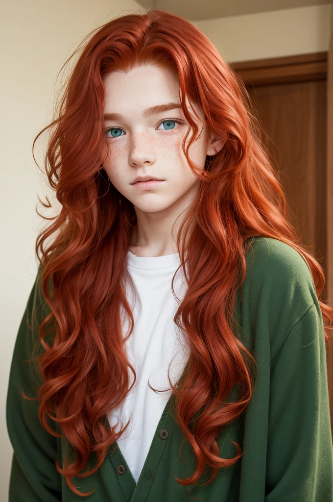 red-haired boy with wavy hair, greeneyes, freckles