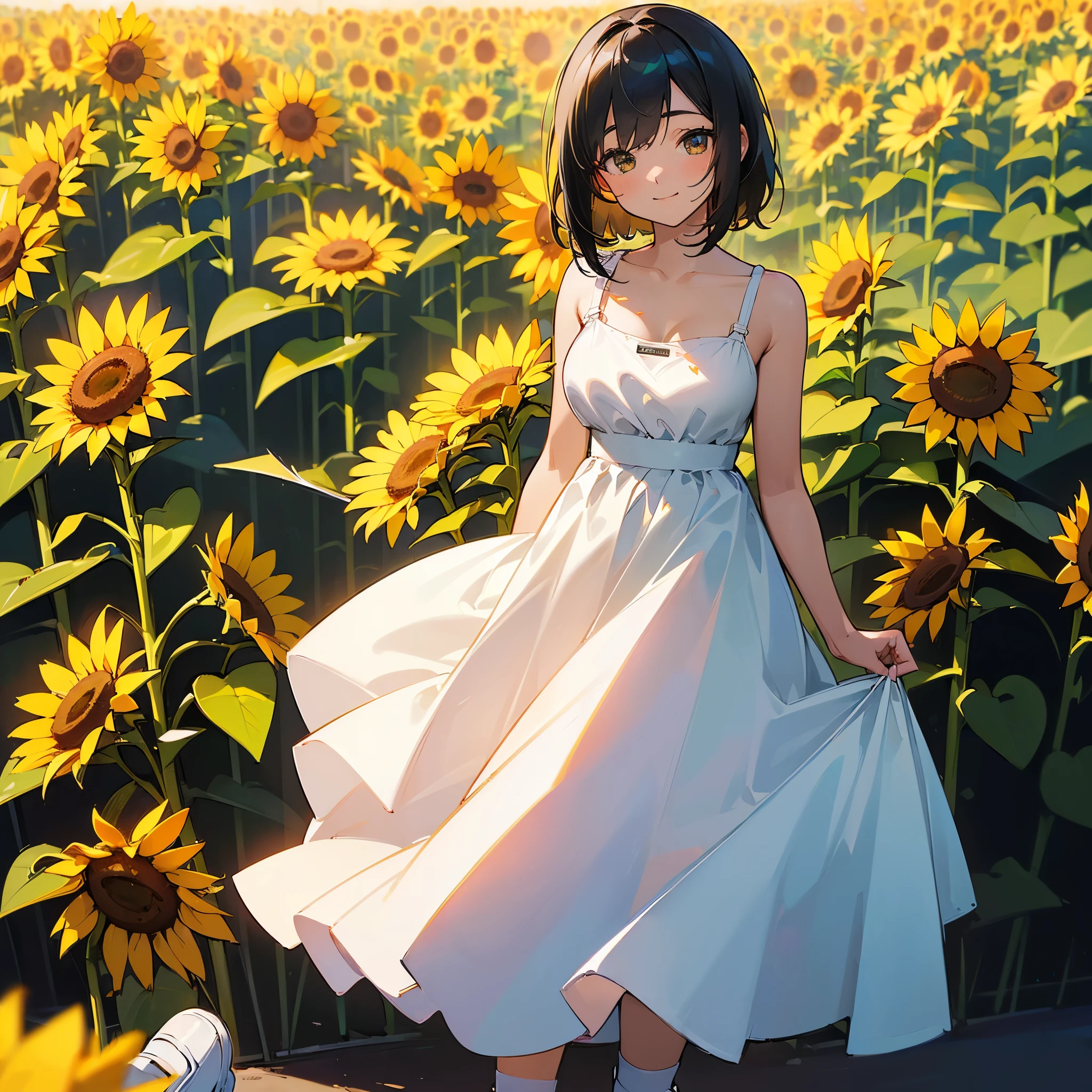 (high quality, High resolution, Very detailed, reality:1.37), Peaceful atmosphere, (Sunflower field), Teenage girl standing alone, (my breasts are big.), Beautiful details, Cute Smile, (Black bob hair), White camisole dress, White socks, loafers.