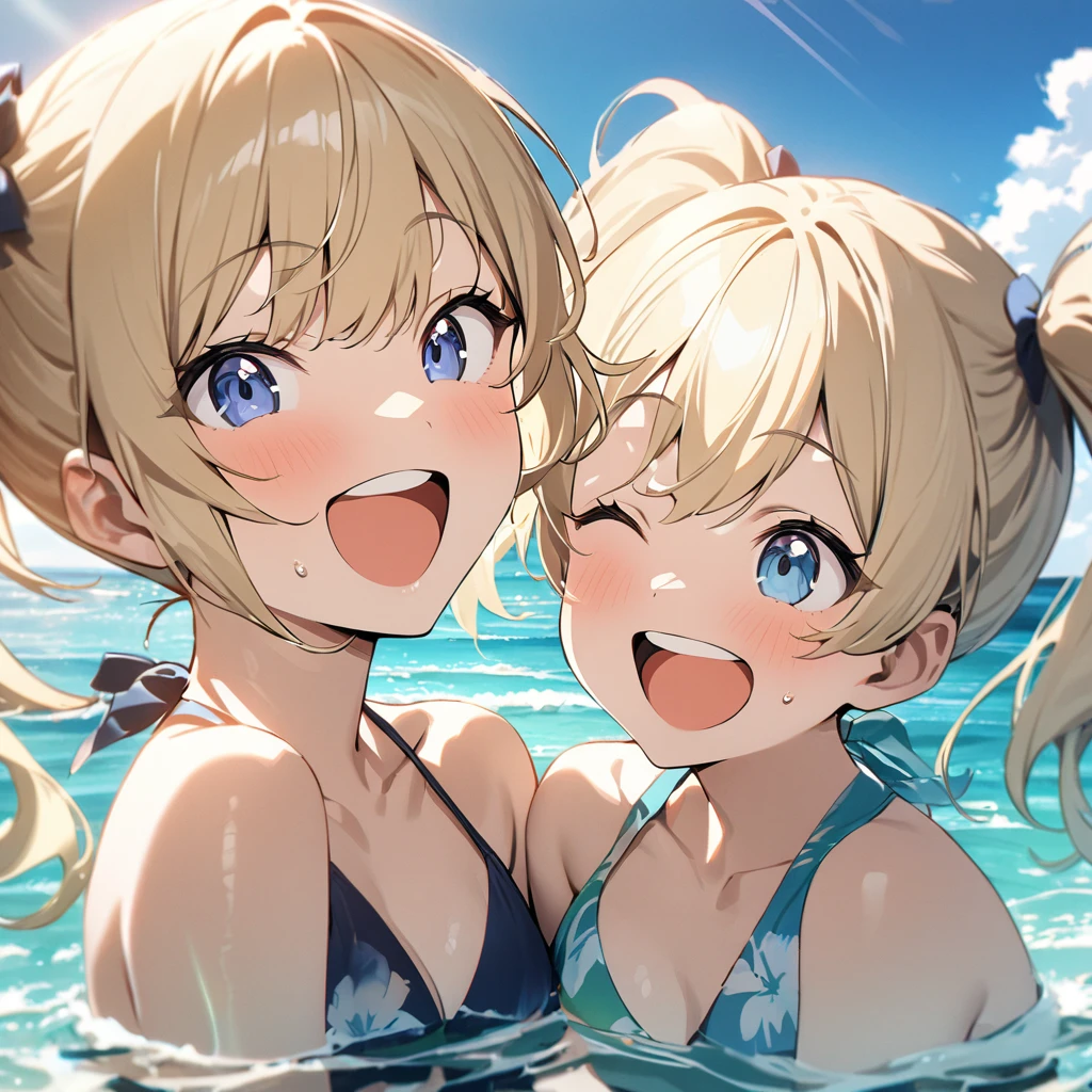 Highest quality, masterpiece, blonde,Dark blue eyes,Twin tails,Double exposure, The best smile, Excited, Swimwear, Ocean,Ocean水浴, sunlight