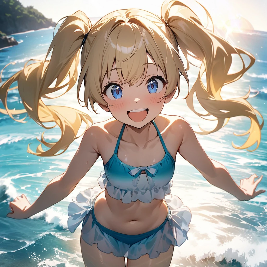 Highest quality, masterpiece, blonde,Dark blue eyes,Twin tails,Double exposure, The best smile, Excited, Swimwear, Ocean,Ocean水浴, sunlight