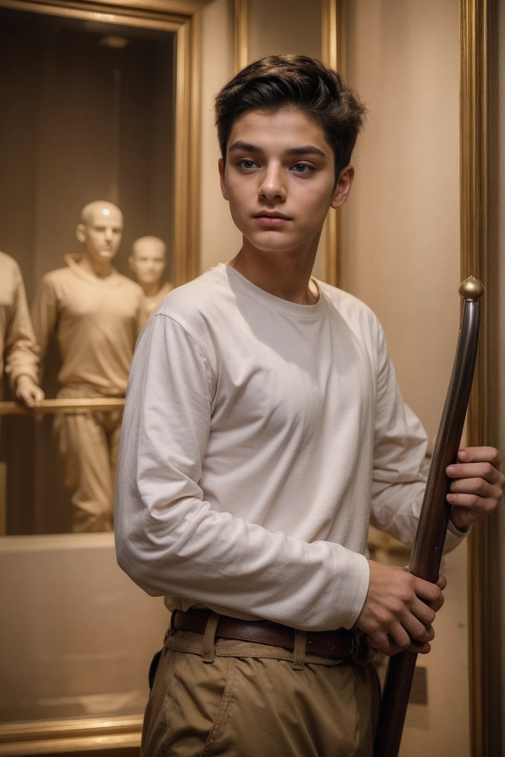 A cute, beautiful twink male with black hair and a red face with makeup. He is wearing a white long-sleeved shirt and brown pants. He is in the Antiquities Museum of Military Equipment. He is carrying his golden sword and is looking in amazement.
