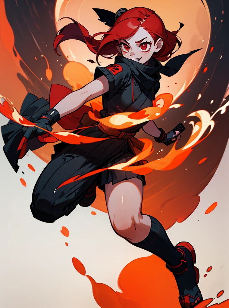 A girl with red hair and short red eyes with a face like happy if her clothes were a ninja, her short sleeves showing her skin and she wears a short black chor and a mid-length skirt showing her legs and she wears a spinning scarf and she uses a katana covered in fire, full body destruction wallpaper.