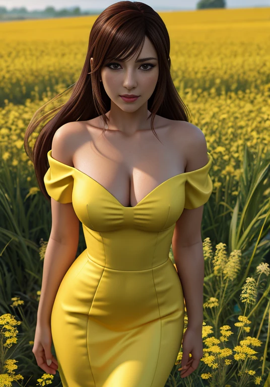 a woman in a yellow dress standing in a field of flowers, High quality 8K detailed art, beautiful and seductive anime woman, 4k detail fantasy, very detailed anime, seductive portrait of tifa lockhart, alena aenami and germ of art, Beautiful lady, germ of art ; Motor irreal 3D, hyperrealistic fantasy art, extremely detailed goddess shot