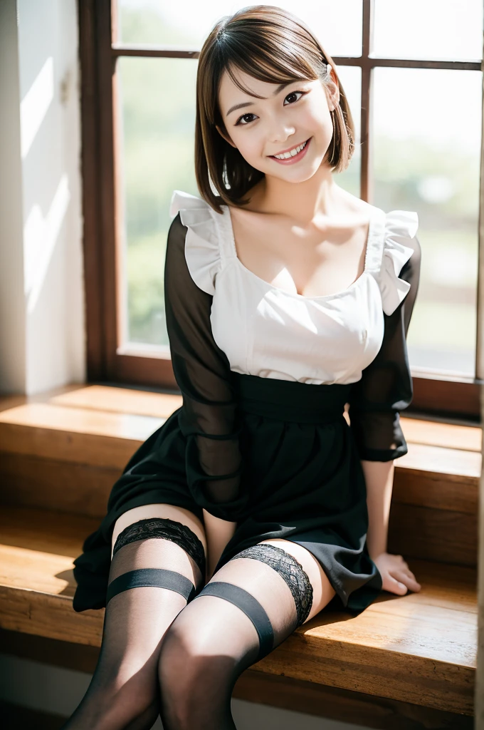 Pure Japanese young maid girl, wearing traditional British maid dress and accessories, stockings, high heels, vivid makeup, arranged hair styles, sitting, sexual attractive, sweet smile, professional portrait photography, summer morning light, 