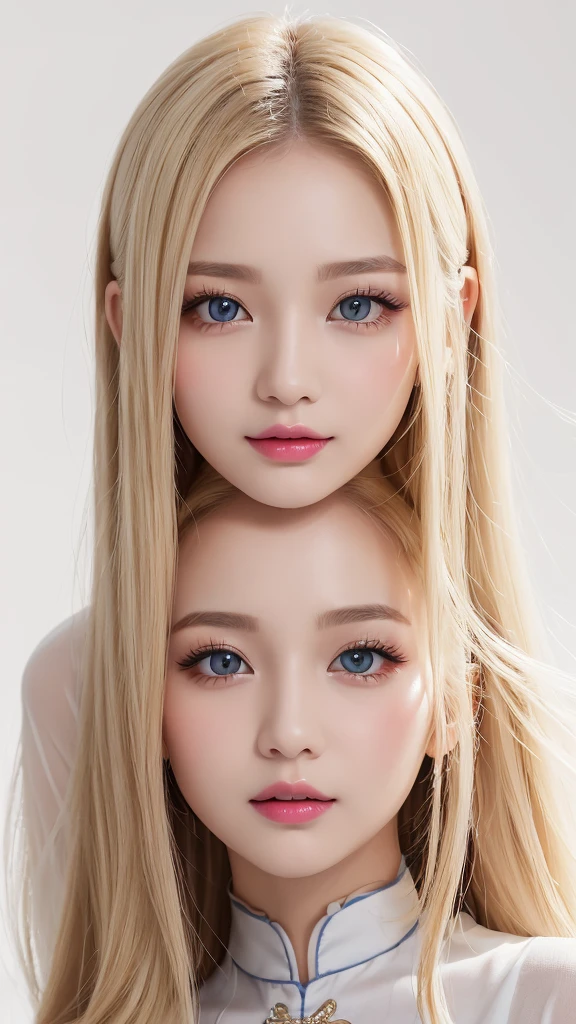 (((White background、shoot from above、China dress、Ao Dai、See-through、forehead、White Blonde、Blonde、White Background、Cowboy Shot、amount)))、amount、Northern Europe、Russia、beautiful girl、Platinum Blonde Hair、Straight Long Hair、Big Blue Eyes、Northern Europeの若者、Glowing Skin、Young and beautiful skin、A perfect and beautiful little face、Bright makeup、Pale pink lips、Bright expression、lipstick、Intricate details、High resolution、 Detailed features of face design、Big Breasts、face-friendly lighting