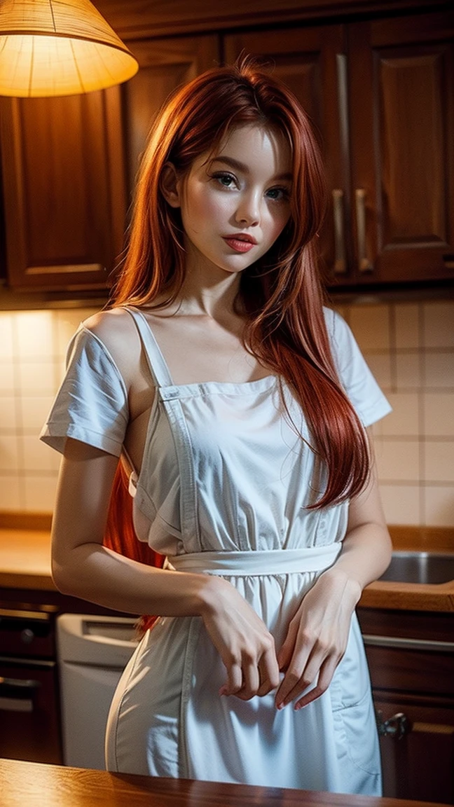 The beautiful and cute woman Dasha Taran plays the character 'Kushina Uzumaki' name who has long flowing, straight red hair with a minimalist hairpin accessory on the left, wearing a short white shirt layered with a green apron. is in the kitchen with traditional Japanese decoration,  the artist's name "Tong Gandeng" is written in calligraphy style at the top right of the photo.