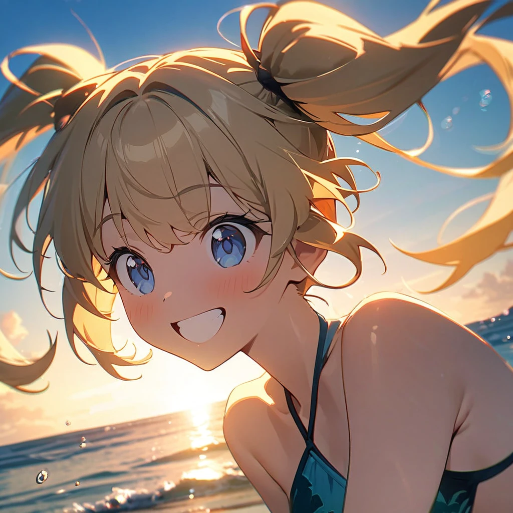 Highest quality, masterpiece, blonde,Dark blue eyes,Twin tails,Double exposure, The best smile, Excited, Swimwear, Ocean,Ocean水浴, sunlight