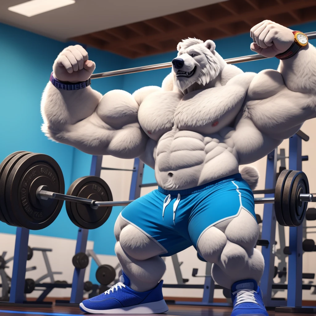 huge muscular polar bear dad in gymnasium center, big grin, polar bear, huge white fur, thick arm, huge arm, bearded. white hair and beard, bearded, (muscular, pectoral, wide pectoral, thick arms), gymnasium, barbell weight equipments, realistic, 8k, masterpiece, (wearing blue gym shorts, wristbands, watch and shirtless and topless, gym shoes)