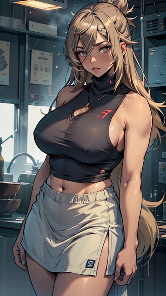 A unique illustrated character with a manga style, featuring long, straight hair in a blend of gray and light brown tones. Her large, expressive eyes are a striking blue, while her nose and plump lips add to her charm. She is wearing a navy tank top that accentuates her figure, giving her a confident and alluring presence.