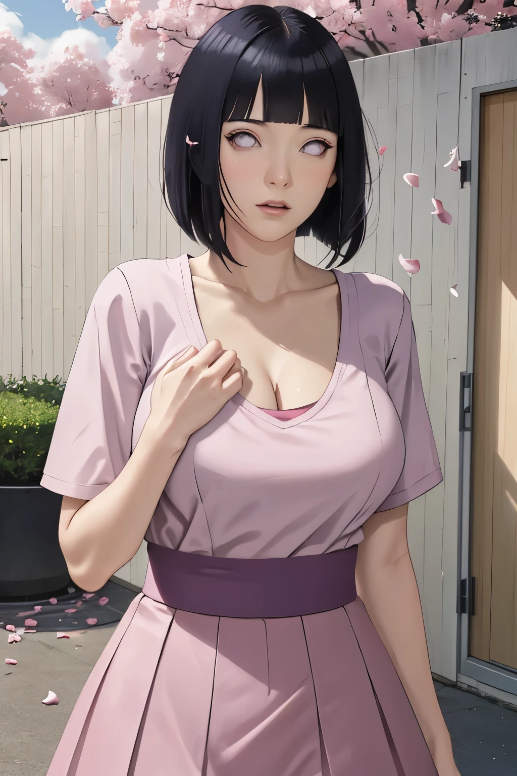 masterpiece, absurdres, hinata\(boruto\), 1girl, solo,mature female, tshirt v neck, high waist mini skirt, looking at viewer, (falling petals), perfect composition, detailed lips, big breast, beautiful face, body propotion, blush, (pink lips), long hair,  purple eyes,  soft gaze,  super realistic, detailed, photoshoot, realistic face and body, cleavage. Face orgasme 