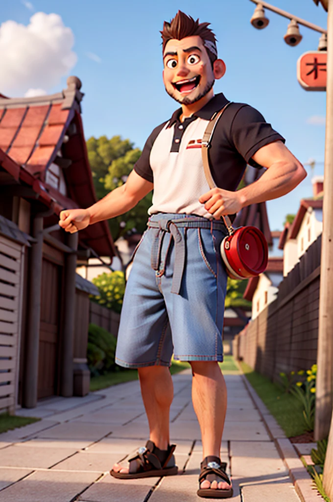 Pixar-style 3D movie poster: A man between 40 and 50 years old, with straight hair and a large gray quiff, no samurai style. He has a neatly trimmed beard and a bright smile. He has a megaphone in his hands, pointing at something, and wearing a polo shirt. His eyes have a slightly droopy expression. Hair should be combed back, but without elements of the samurai style.