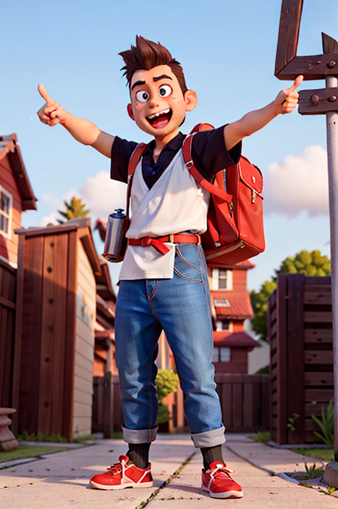 Pixar-style 3D movie poster: A man between 40 and 50 years old, with straight hair and a large gray quiff, no samurai style. He has a neatly trimmed beard and a bright smile. He has a megaphone in his hands, pointing at something, and wearing a polo shirt. His eyes have a slightly droopy expression. Hair should be combed back, but without elements of the samurai style.