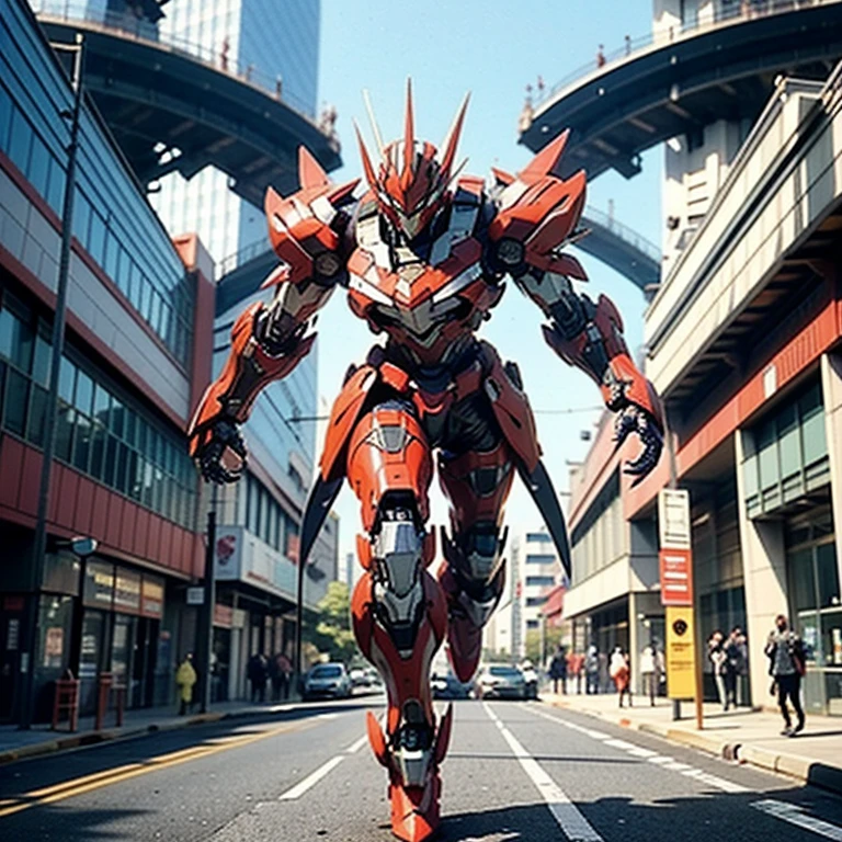 A man wearing a full face helmet., a fantasy-style biotech armored combat suit, green eyes, (a composite layered chest armor), fully closed shoulder pads, matching arm and leg protectors, the belt is adorned with fangs that bite into the gem., (The color scheme is mainly black with red details), design balances heavy with agility, a high-tech biomechanical armor, (Lion inspired armor concept, stand on top of a skyscraper in a futuristic sci-fi city), This character embodies a surreal fantasy style armored hero finely crafted in anime style, exquisite and mature manga art style, (element, plasma, energy, the armor shines), ((male:1.5)), metallic, real texture material, dramatic, High Definition, Best Quality, high resolution, ultra detailed, ultrafine paint, extremely delicate, professional, perfect body proportions, golden ratio, anatomically correct, symmetrical face, extremely detailed eyes and face, high quality eyes, Creativity, photo and gross, UHD, 32k, natural light, cinematic lighting, Masterpiece-anatomy-perfect, Masterpiece:1.5