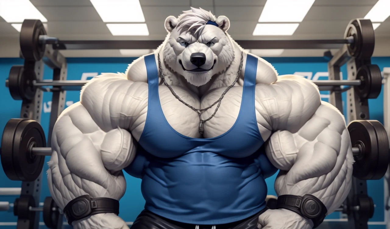 Brock Ólafsson The Huge Muscled Polar Bear, with White Hair, Blue Tank Top, Black Wristbands and Black Gym Shorts, Flexing His Thorax.