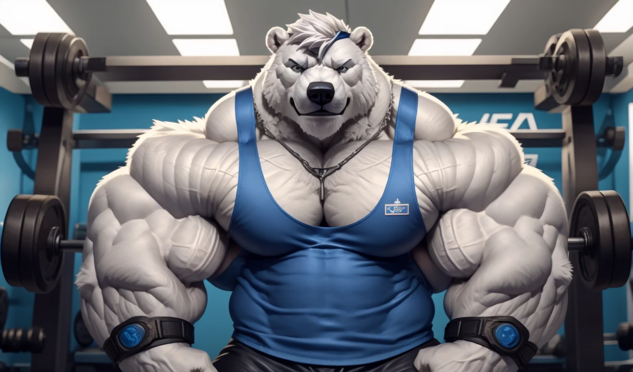 Brock Ólafsson The Huge Muscled Polar Bear, with White Hair, Blue Tank Top, Black Wristbands and Black Gym Shorts, Flexing His Thorax.