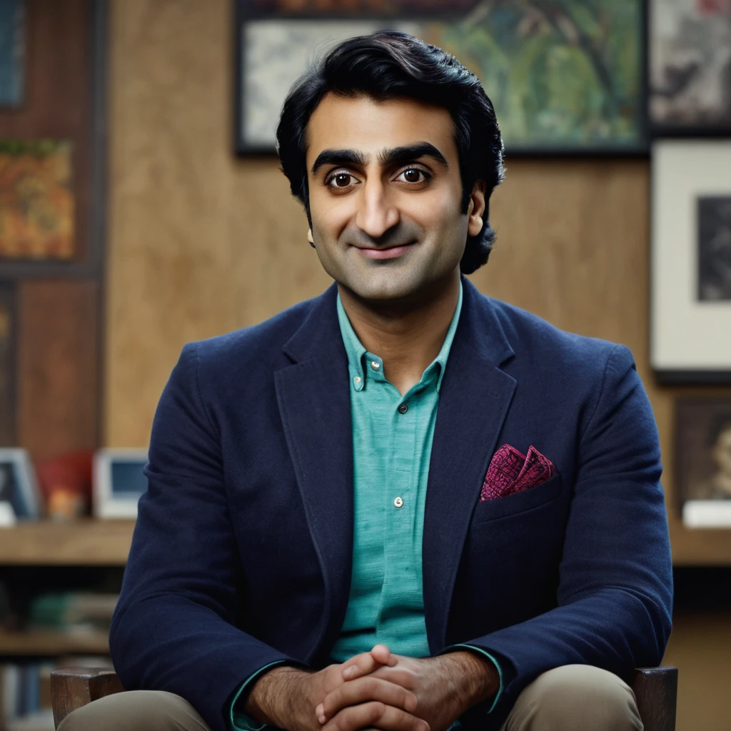 (work of art, 8K, ultra HD, high resolution: 1.4), Kumail Nanjiani&#39;s heroic portrayal of DC Comics&#39; Booster Gold, (iconic gold and blue Booster Gold suit: 1.3), (Confident and charismatic expression: 1.2), (well-groomed hair and piercing brown eyes: 1.2), (flying over a futuristic city: 1.3), (background with illuminated skyscrapers and starry night sky: 1.1), (technological and holographic elements: 1.2), (communication bracelet and flight device: 1.3), (vibrant and inspiring atmosphere: 1.3), realistic and intricate details, (fantasy and action elements: 1.2), (dynamic and powerful perspective: 1.3) 