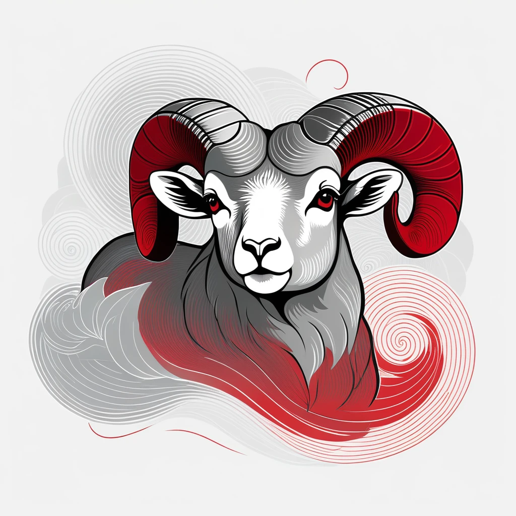 Aries ram formed by wind patterns, meteorological chart style, dynamic and unpredictable, storm cloud lighting, isobar line art, shades of gray with red accents, full front print, topographic map texture, weather enthusiast streetwear, T-shirt design graphic, vector, contour, white background