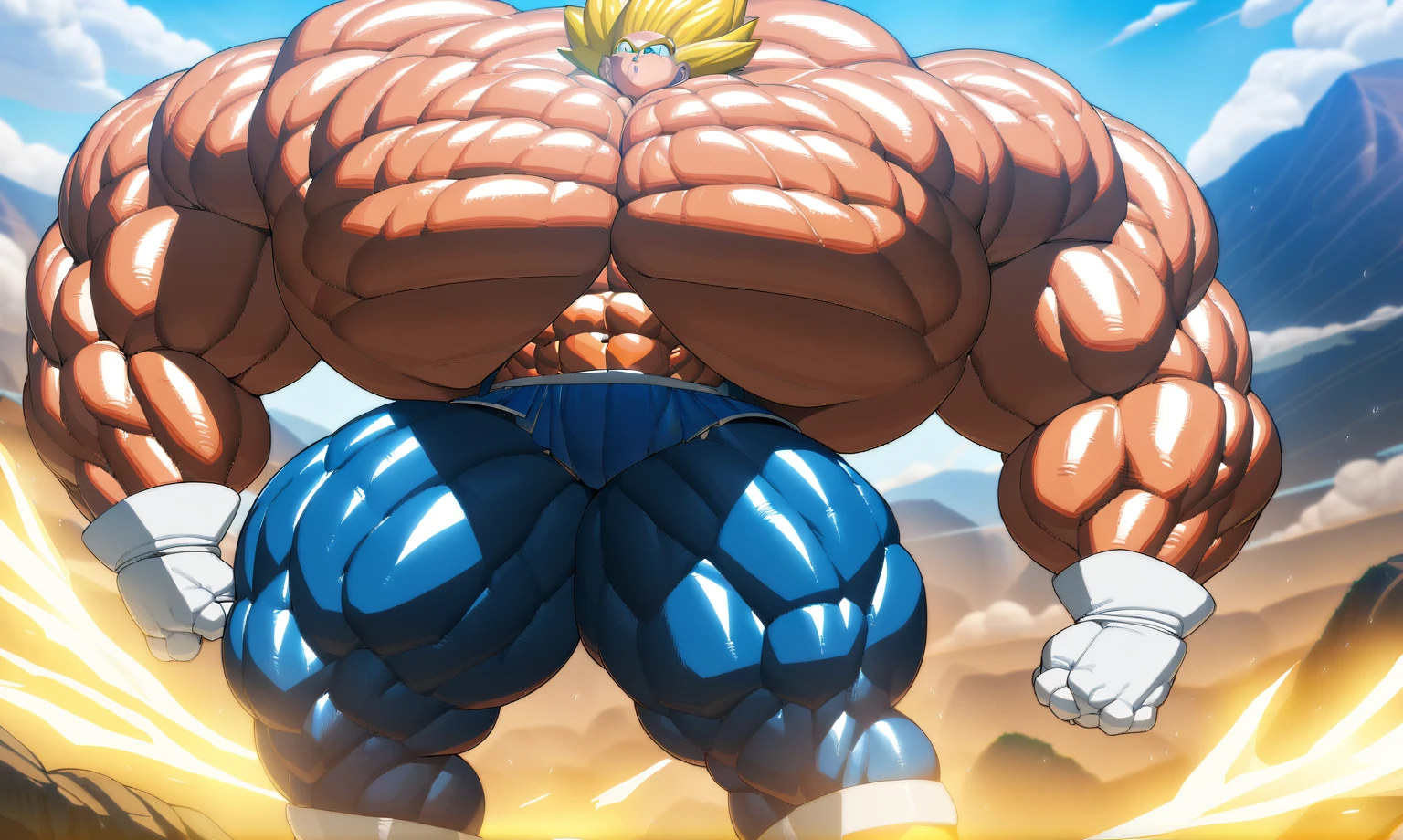 1boy, (Vegeta:1.5), from Dragon Ball Z, masterpiece, best quality, very aesthetic, absurdres, saiyan, blue eyes, spiked hair, (yellow hair:1.5), standing up, good posture, shirtless, blue skintight pants, white gloves, (huge muscles:3.7), Dragon Ball Z artstyle, in the style of Akira Toriyama, white tiled floor, outdoor, flat-top mountains, Extreme Wide Shot, full pose, full body shot, (full body in frame:1), white boots with brown tips, (visible abs:1.5), (thick thighs:3.2), (huge arms:2.5)