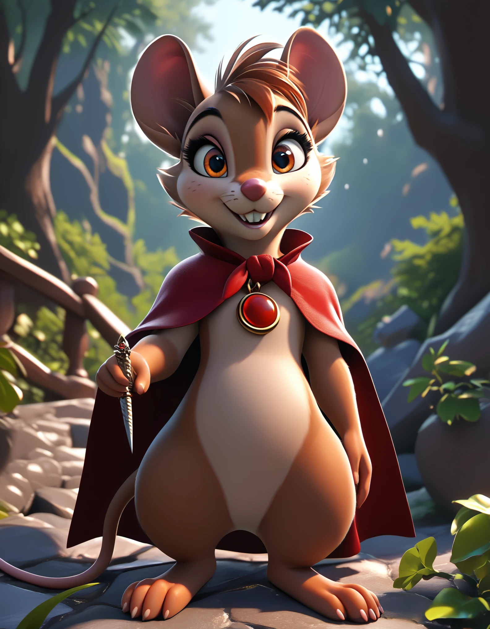 score_9, score_8_up, score_7_up, source_furry, source_safe, best quality, forest, BREAK, 1girl, mrsbrisby_tsonimh, mouse girl, semi-anthro, furry, brown fur, wearing red cape, wearing red pendant, mostly nude, standing, closed mouth, looking at viewer, smile, buck teeth, featureless crotch, featureless chest