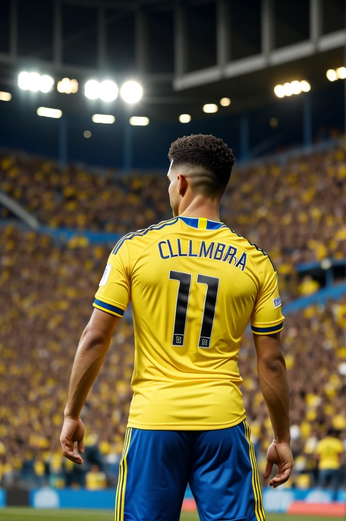 Man in stadium stand with his back to him wearing a Colombia national team shirt with number 16, short black hair, yellow shirt
