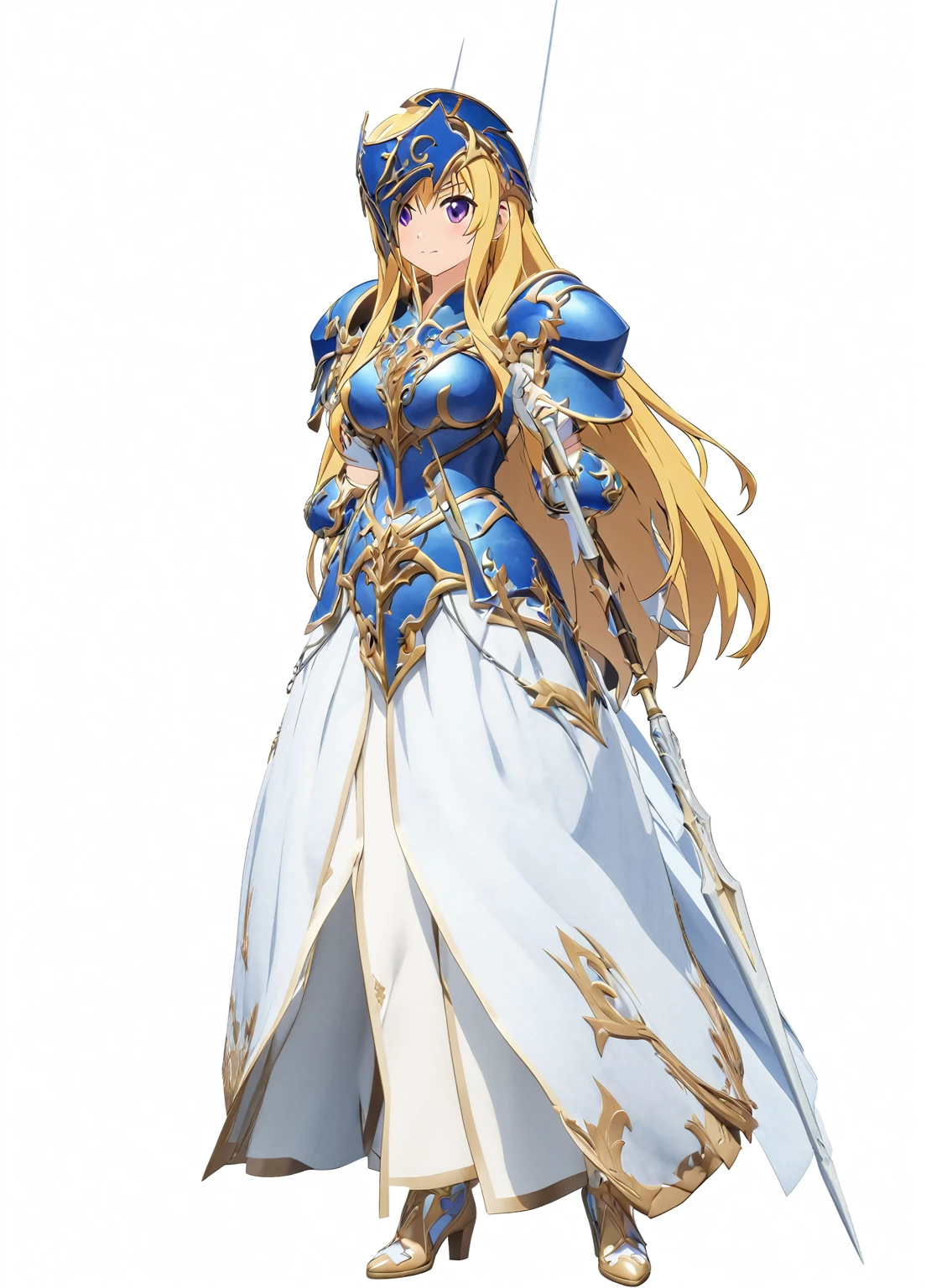 Highest quality, high resolution, High quality game art style, whole body,Valkyrie,perfect hand,Official Art, Smooth game CG art,Cute 3D animated woman rendering, Visual Novel Sprites, White background,Smooth game CG art, (((Woman with a long spear))),A woman wearing a white dress and blue armor, An intricately designed helmet with white feathers,Small shield, (((In his right hand he holds an elaborate long spear))),Exquisite Blue Armor,Golden Hair, long hair, female knight, Rin々Shii,Large Bust,20-year-old,