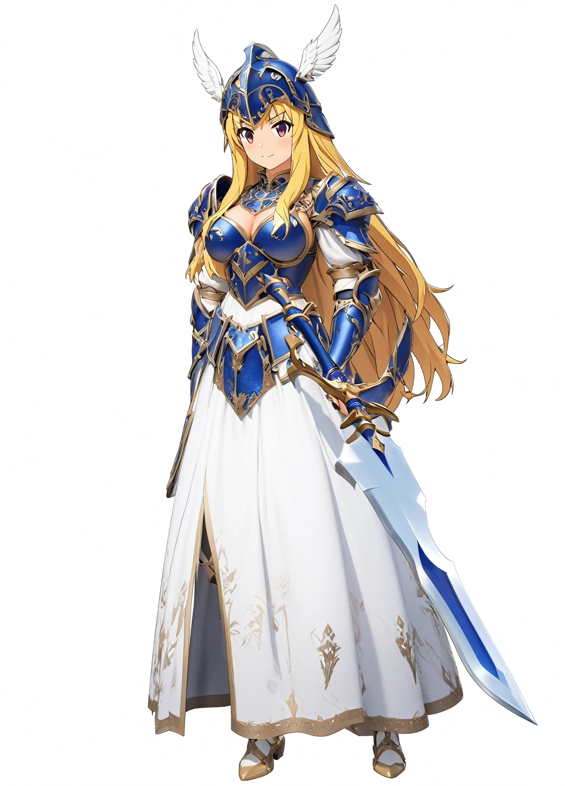 Highest quality, high resolution, High quality game art style, whole body,Valkyrie,perfect hand,Official Art, Smooth game CG art,Cute 3D animated woman rendering, Visual Novel Sprites, White background,Smooth game CG art, (((Woman with a long spear))),A woman wearing a white dress and blue armor, An intricately designed helmet with white feathers,Small shield, (((In his right hand he holds an elaborate long spear))),Exquisite Blue Armor,Golden Hair, long hair, female knight, Rin々Shii,Large Bust,20-year-old,